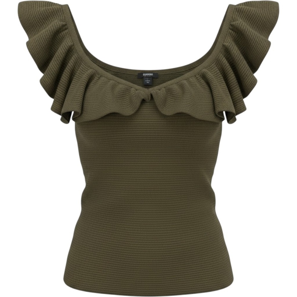 Express Body Contour Ribbed Ruffle Scoop Neck/ off-Shoulder Top Olive Green XS